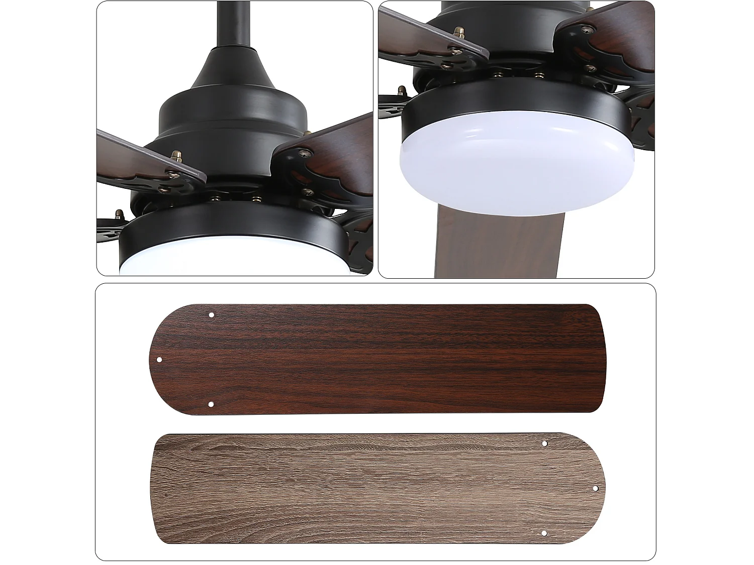 Ventilateur de plafond 106 cm avec éclairage LED, télécommande, moteur DC réversible Noir MDF