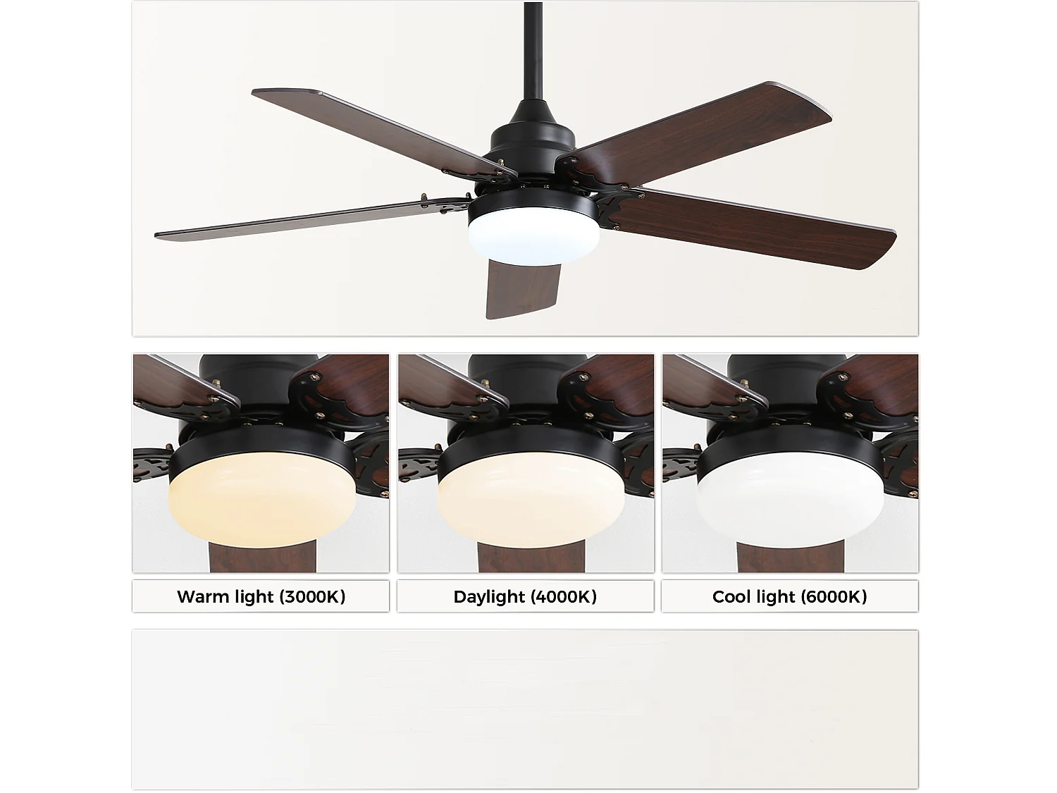 Ventilateur de plafond 106 cm avec éclairage LED, télécommande, moteur DC réversible Noir MDF
