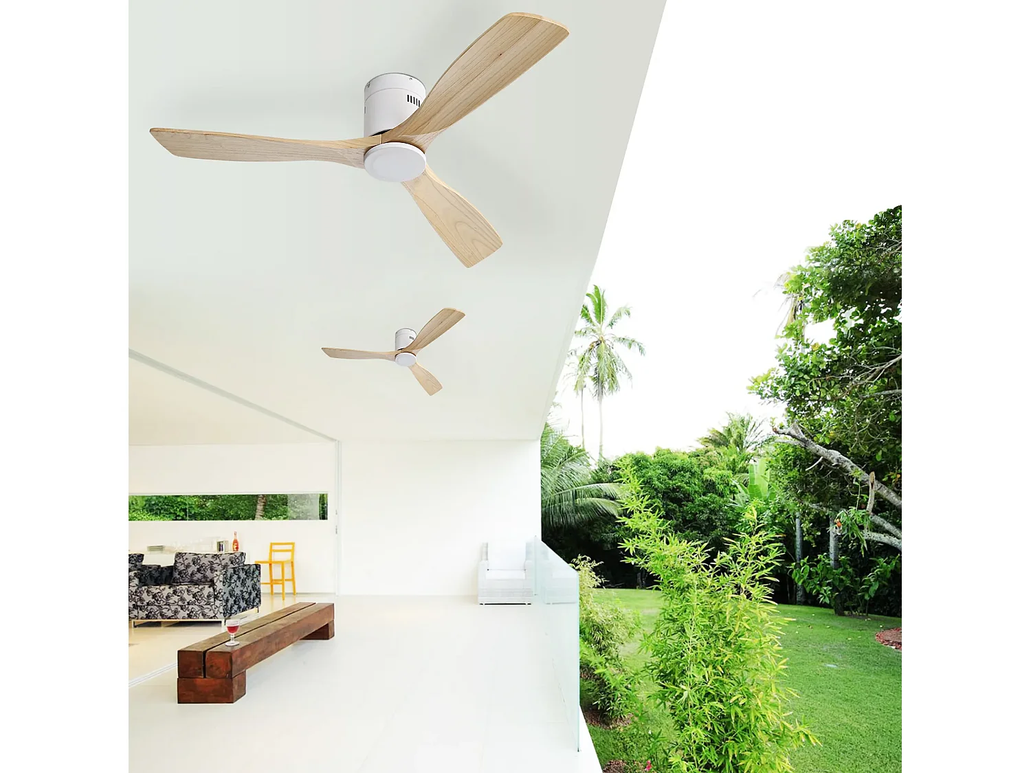 Ventilateur de plafond 132 cm avec télécommande, moteur DC réversible Bois massif blanc