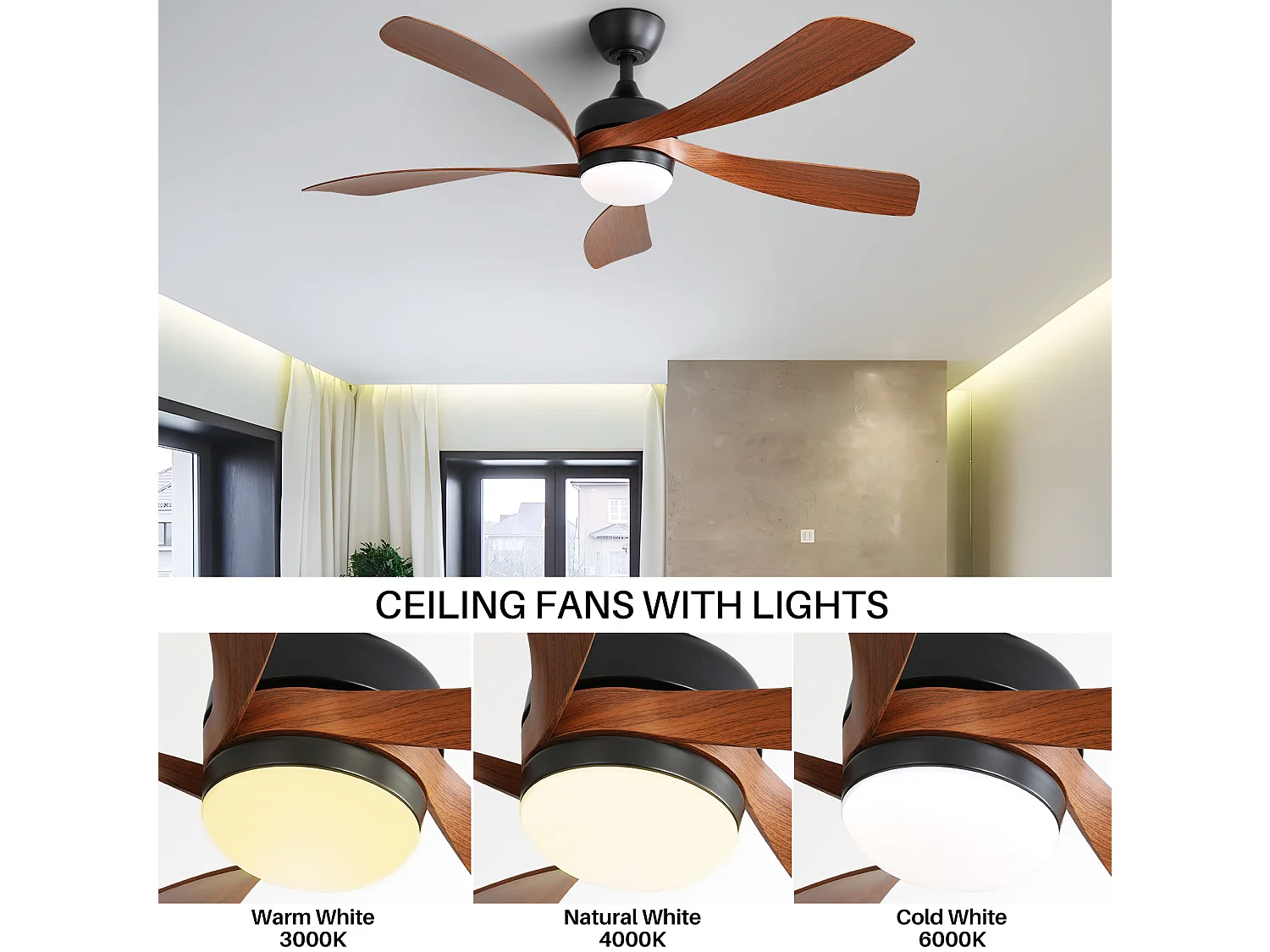 Ventilateur de plafond 132 cm avec éclairage LED 3 couleurs, télécommande et moteur réversible ABS noir