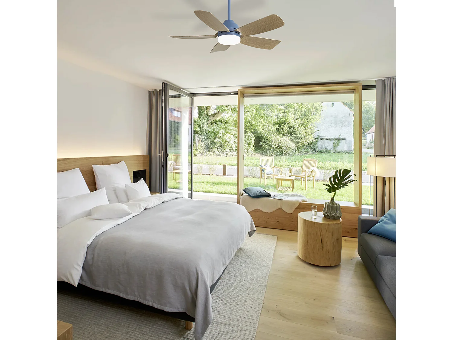 Ventilateur de plafond 107 cm avec éclairage LED dimmable, télécommande, 5 pales ABS bleu foncé