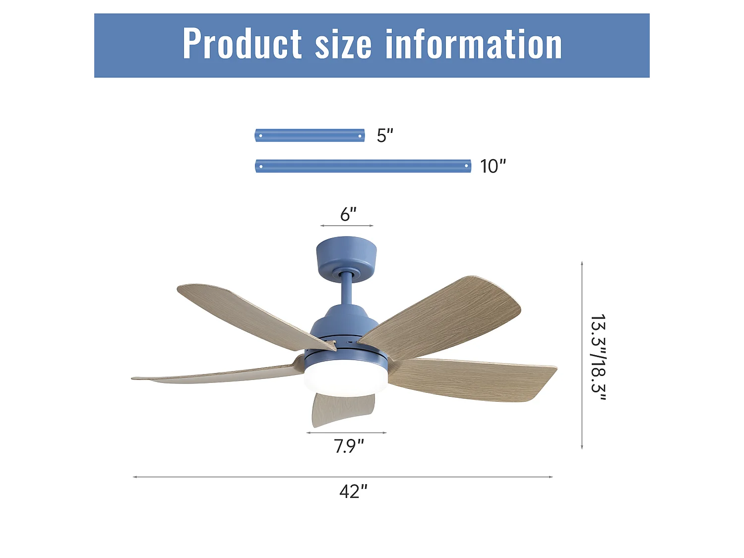 Ventilateur de plafond 107 cm avec éclairage LED dimmable, télécommande, 5 pales ABS bleu foncé