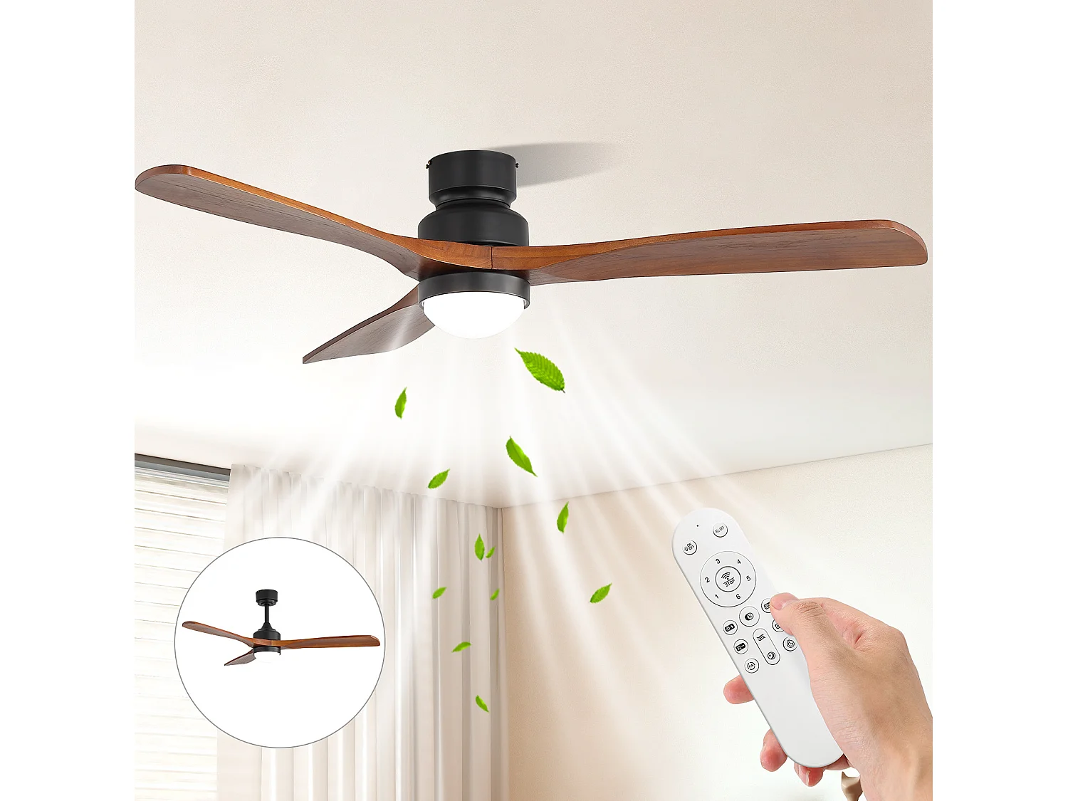 Ventilateur de plafond avec éclairage LED à intensité réglable avec mémoire et télécommande Bois massif noir