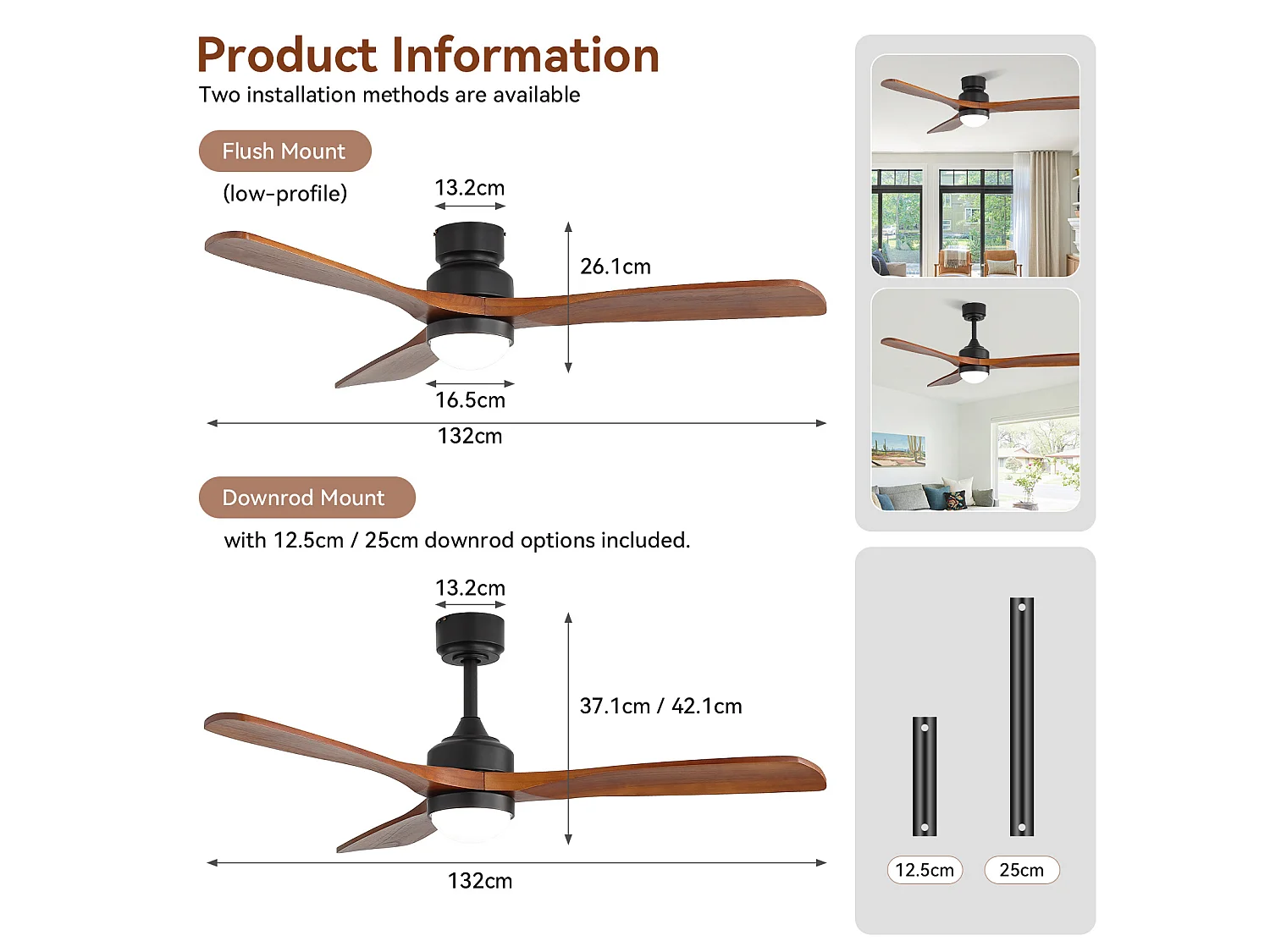 Ventilateur de plafond avec éclairage LED à intensité réglable avec mémoire et télécommande Bois massif noir