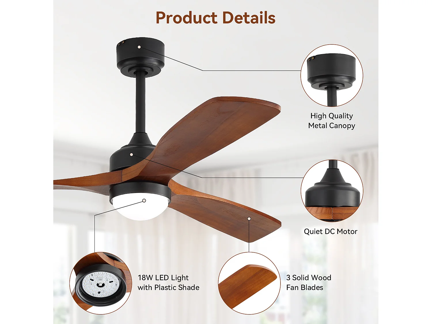 Ventilateur de plafond avec éclairage LED à intensité réglable avec mémoire et télécommande Bois massif noir