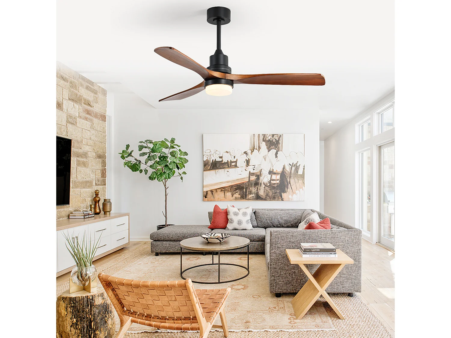 Ventilateur de plafond 132 cm avec éclairage LED, télécommande, 6 vitesses, moteur DC réversible métal bois noir