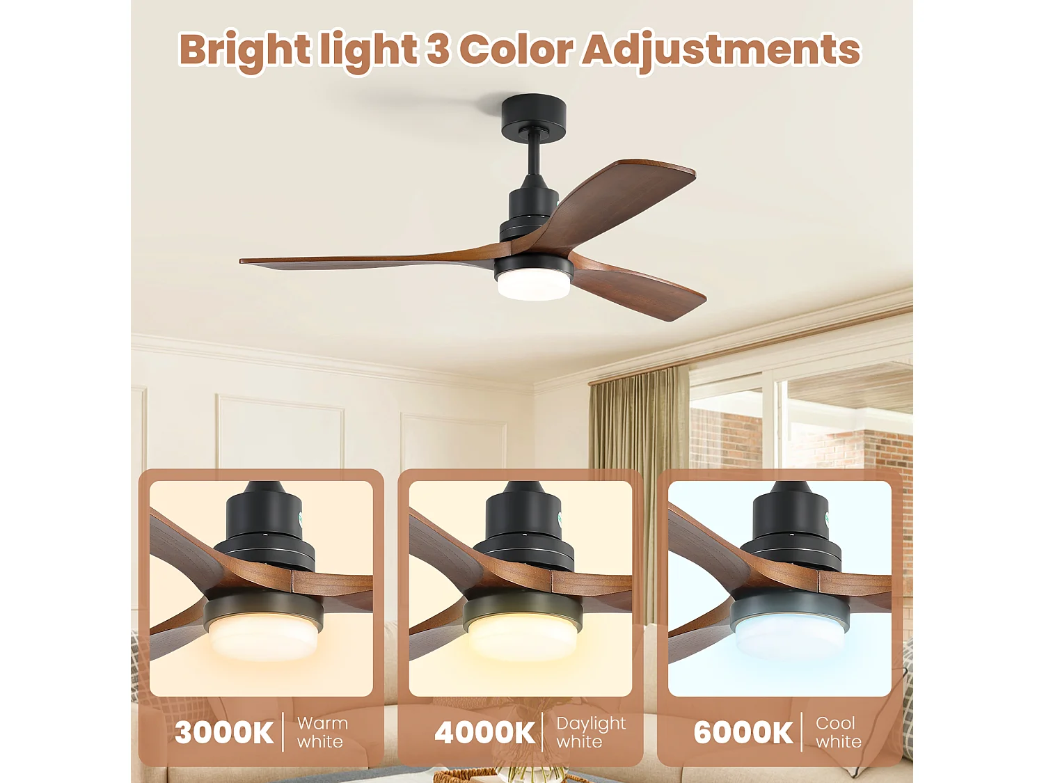Ventilateur de plafond 132 cm avec éclairage LED, télécommande, 6 vitesses, moteur DC réversible métal bois noir