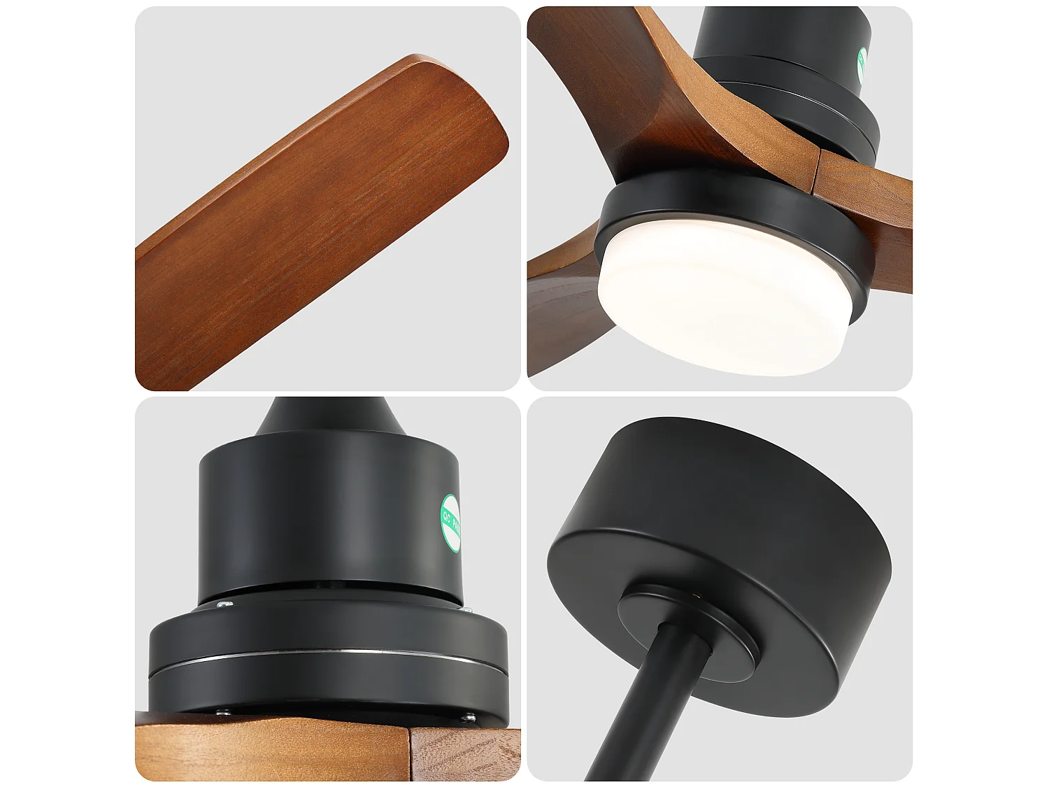 Ventilateur de plafond 132 cm avec éclairage LED, télécommande, 6 vitesses, moteur DC réversible métal bois noir