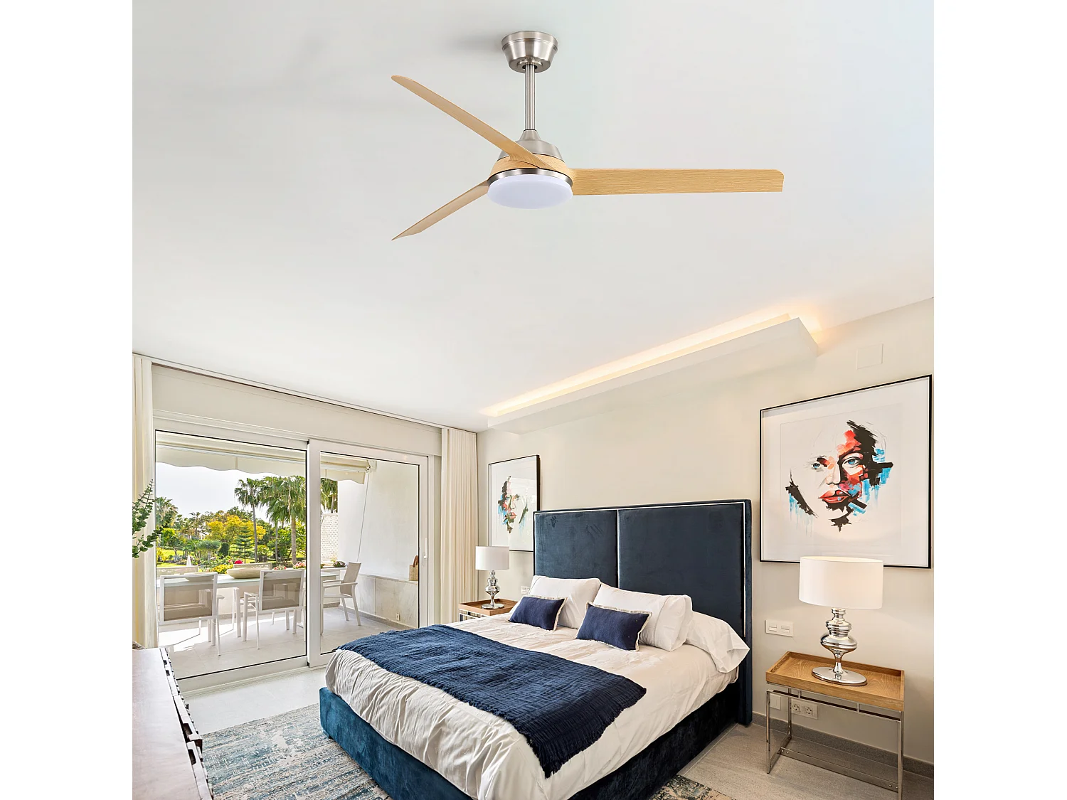 Ventilateur de plafond 132 cm avec LED 22 W, télécommande, minuterie ABS nickel brossé