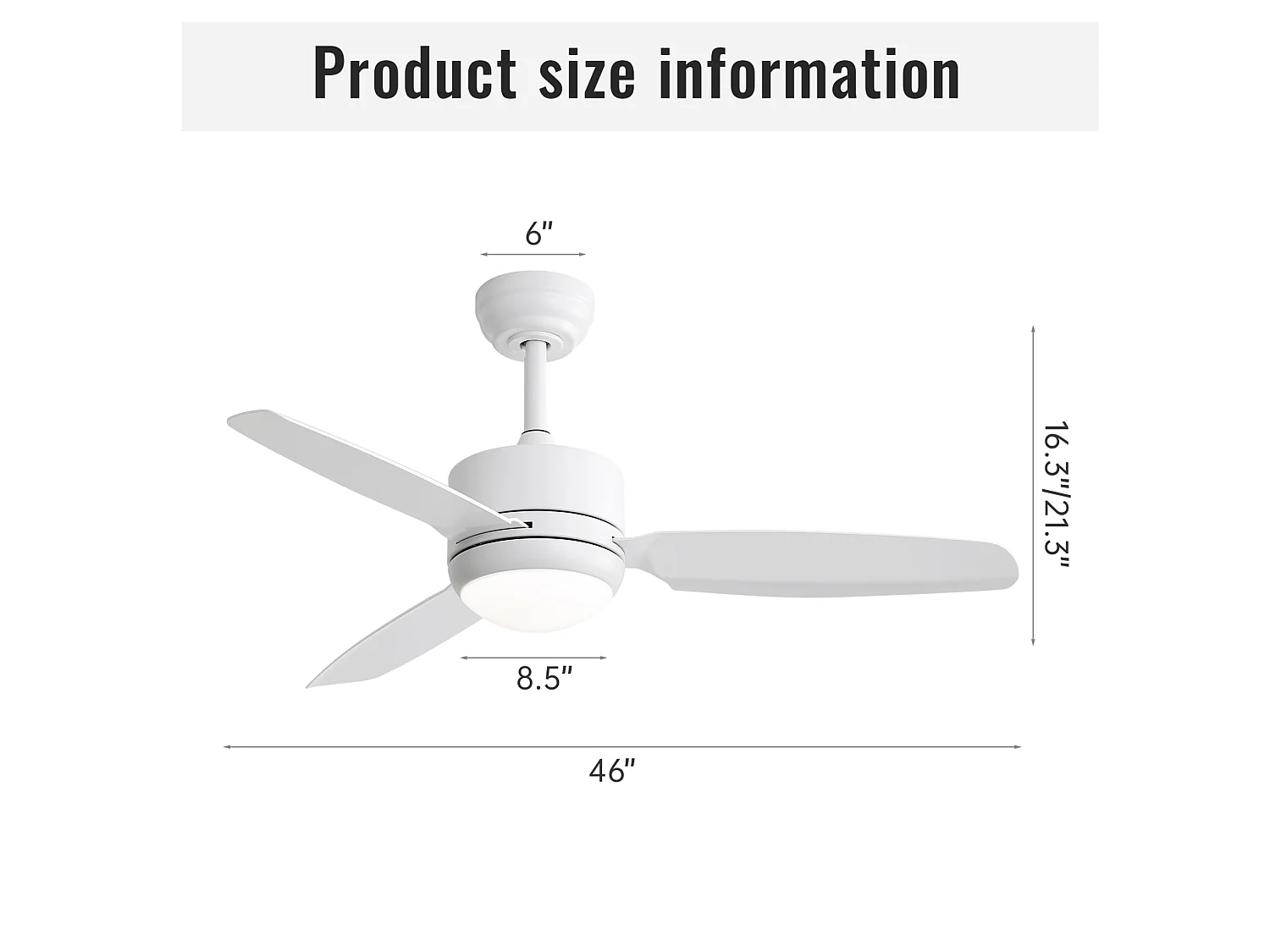 Ventilateur de plafond 117 cm avec éclairage LED, 6 vitesses, fonction réversible ABS blanc