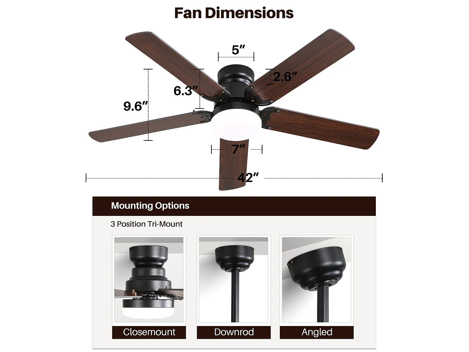 Ventilateur de plafond 107 cm – Moteur DC silencieux, LED 18W 3 couleurs, réversible été/hiver, télécommande – Noir mat