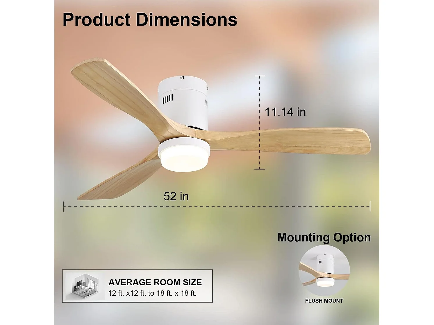 Ventilateur de plafond 132 cm avec LED, télécommande, 6 vitesses, moteur réversible Métal blanc et bois