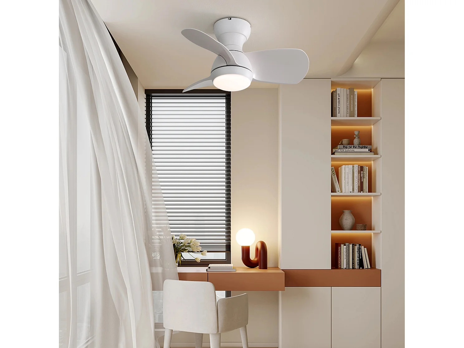 Ventilateur de plafond 58 cm avec lumière LED, minuterie et télécommande, ABS blanc