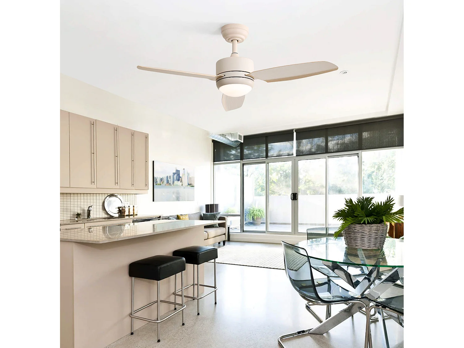 Ventilateur de plafond 117 cm avec lumière LED et télécommande ABS blanc cassé