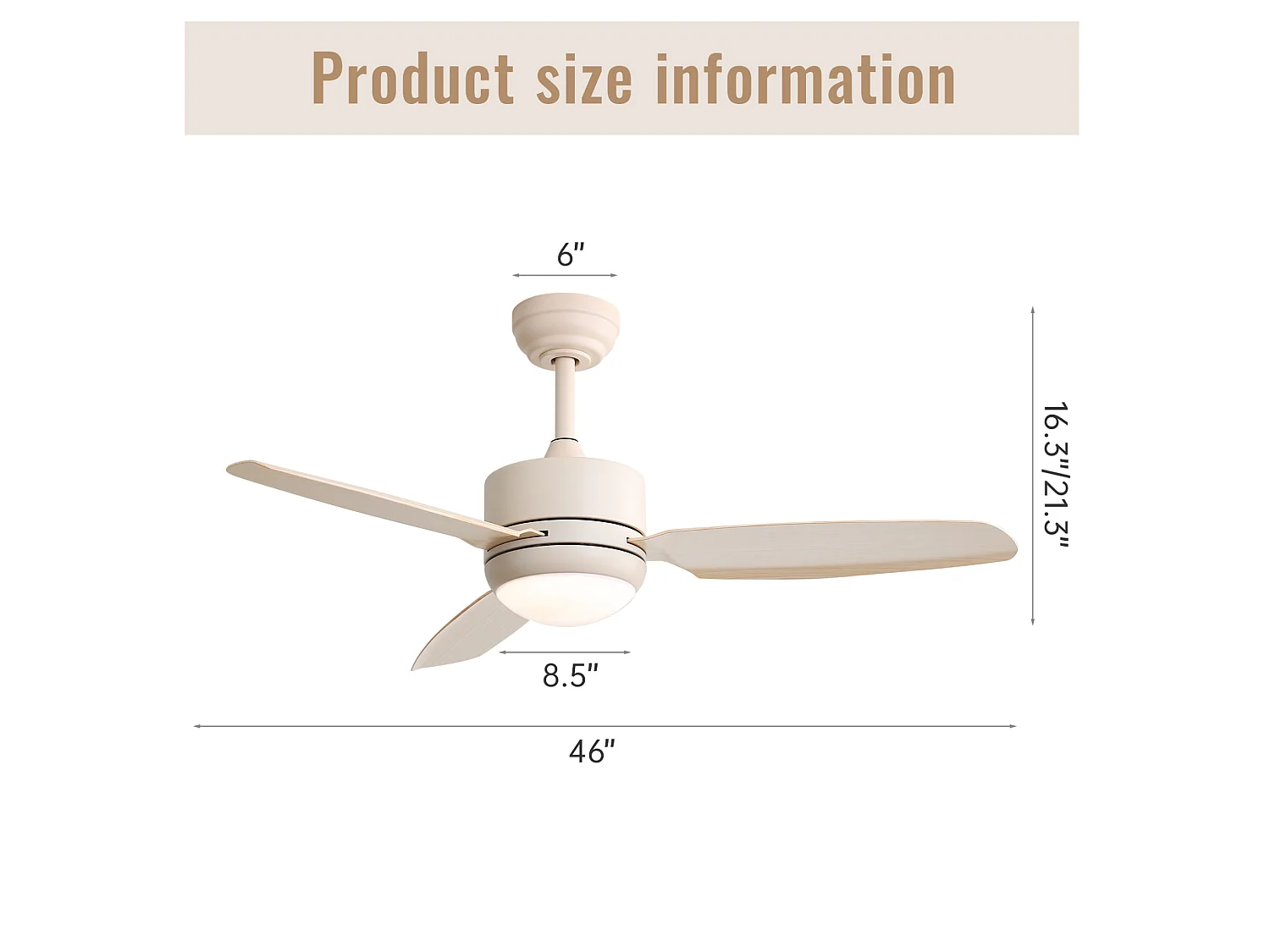 Ventilateur de plafond 117 cm avec lumière LED et télécommande ABS blanc cassé