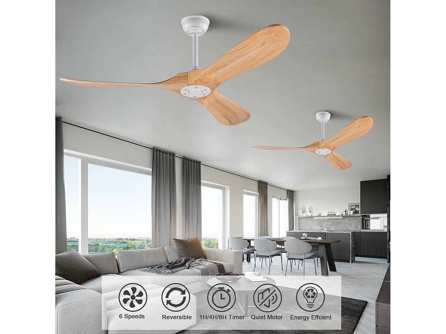 Ventilateur de plafond 132 cm sans éclairage avec télécommande Blanc naturel Métal bois