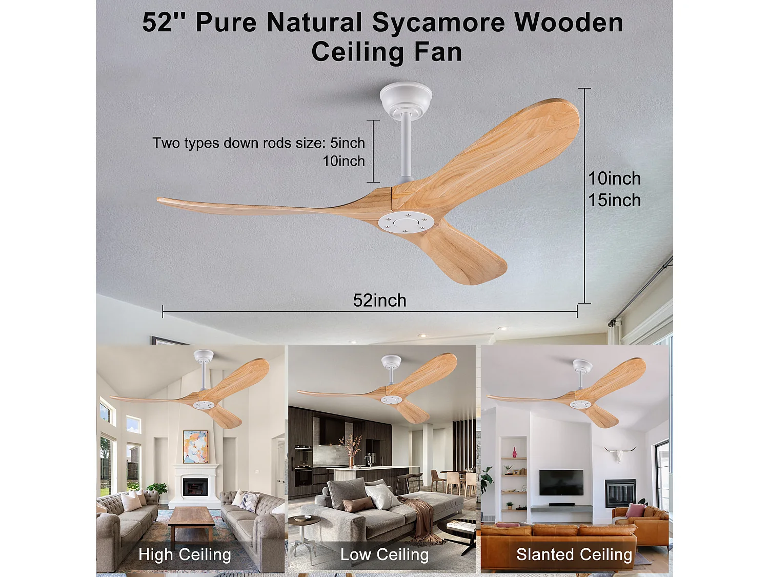 Ventilateur de plafond 132 cm sans éclairage avec télécommande Blanc naturel Métal bois