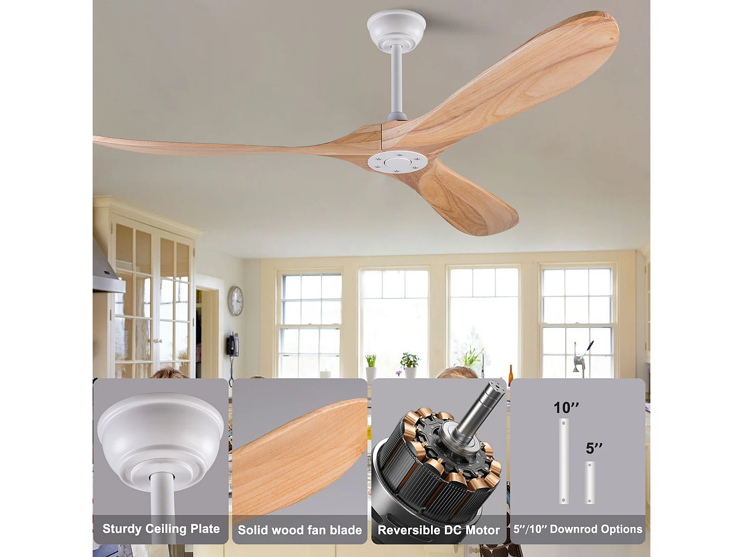Ventilateur de plafond 132 cm sans éclairage avec télécommande Blanc naturel Métal bois