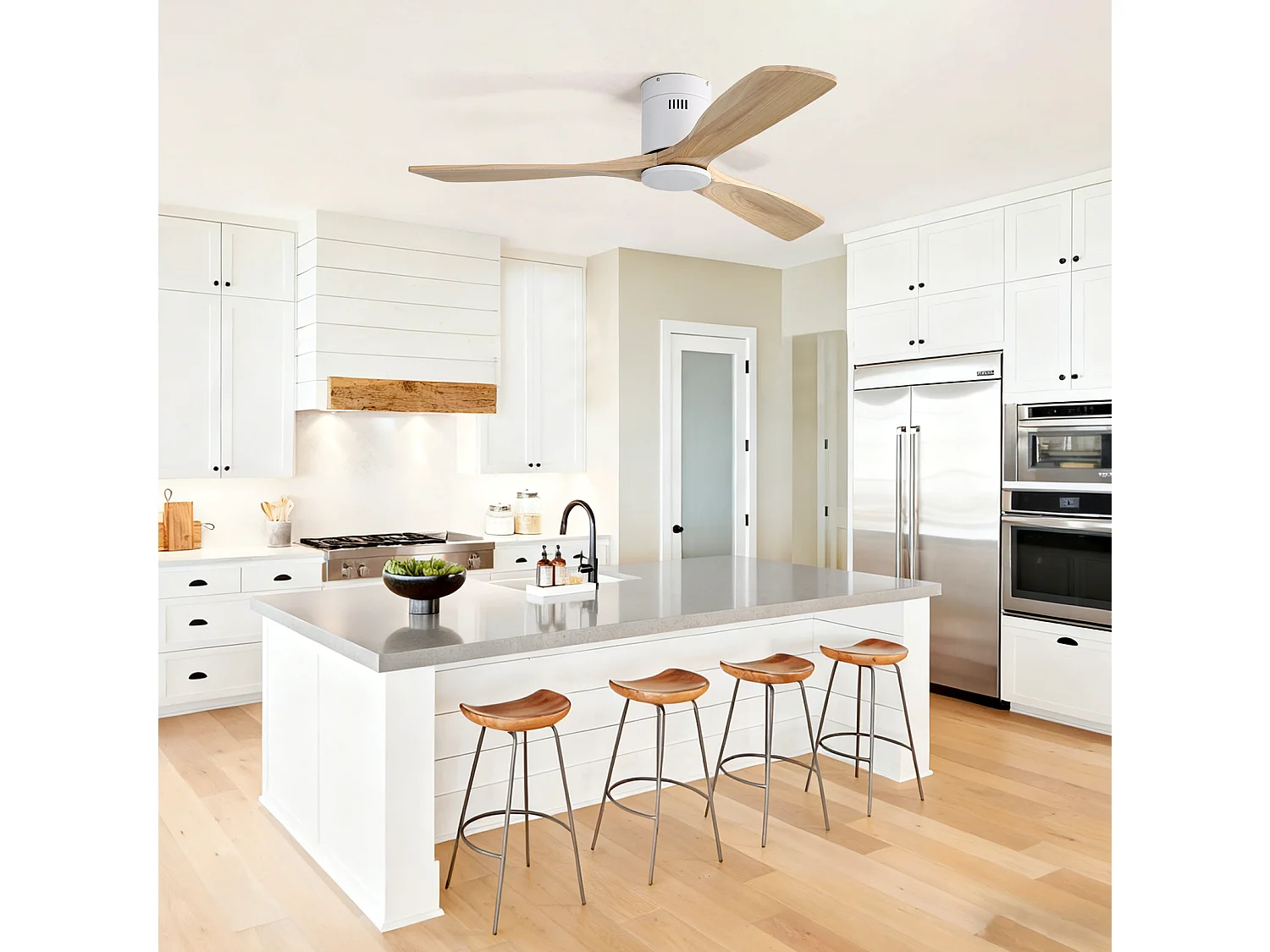 Ventilateur de plafond 132 cm avec télécommande, 6 vitesses, minuterie, blanc métal bois – sans éclairage