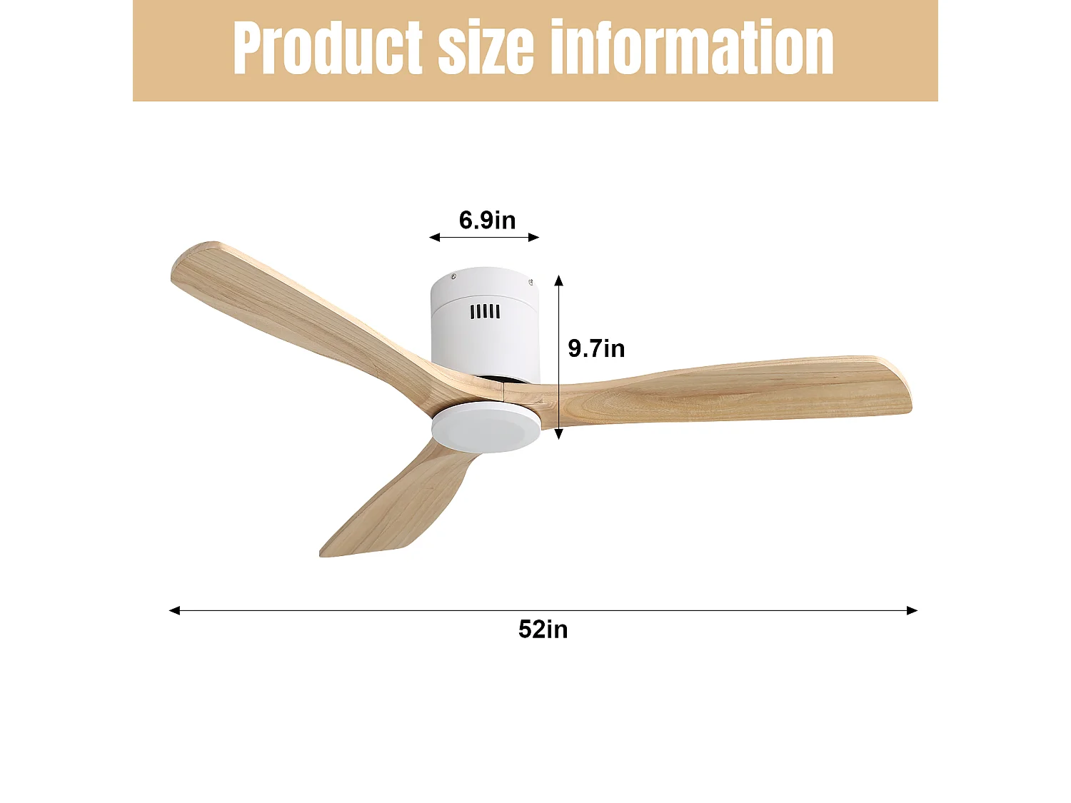 Ventilateur de plafond 132 cm avec télécommande, 6 vitesses, minuterie, blanc métal bois – sans éclairage