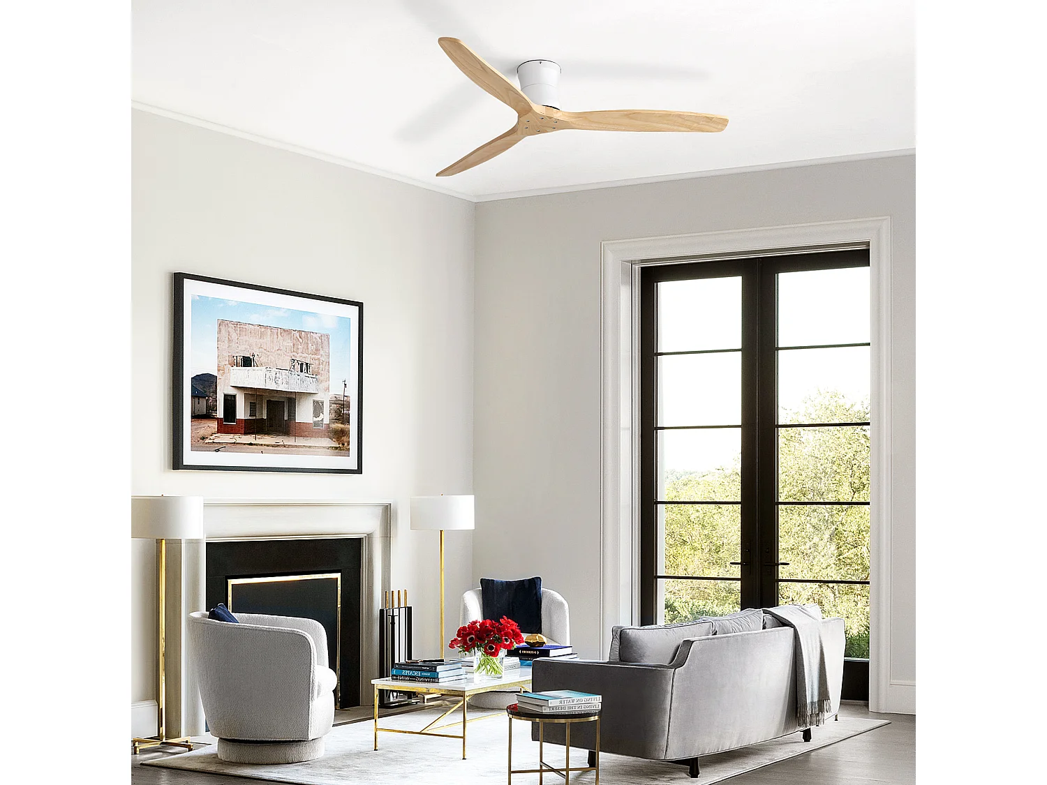 Ventilateur de plafond 132 cm sans éclairage avec télécommande et minuterie Bois massif blanc