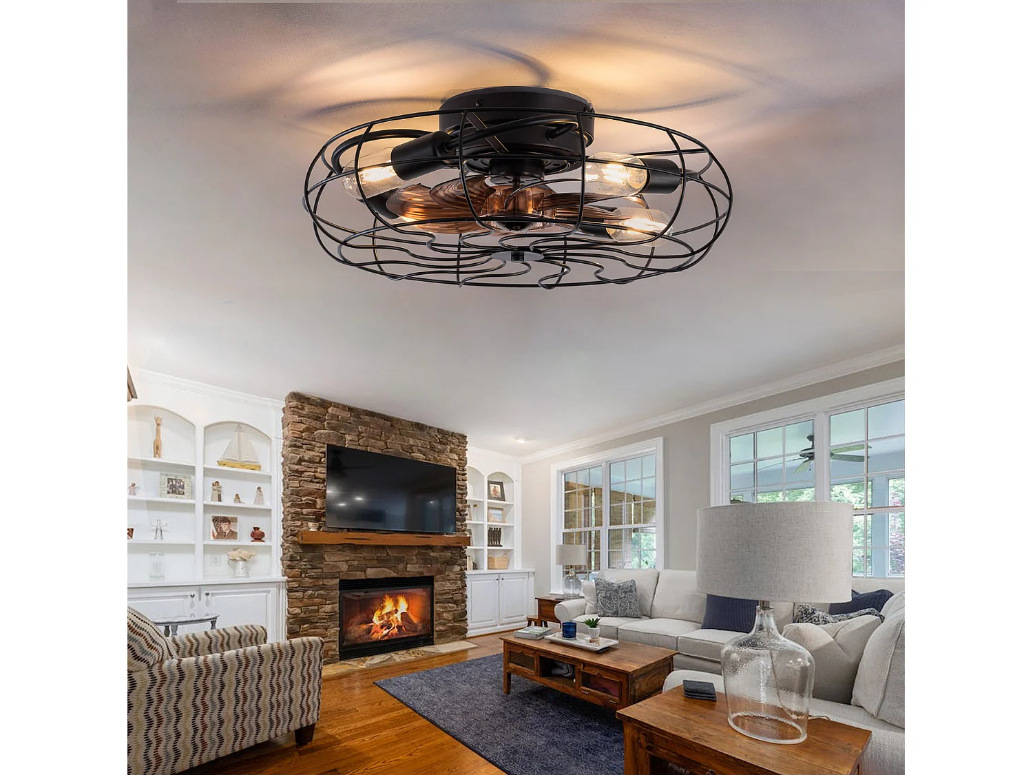 Ventilateur de plafond 48.3 cm avec éclairage, moteur réversible 6 vitesses, noir bois foncé