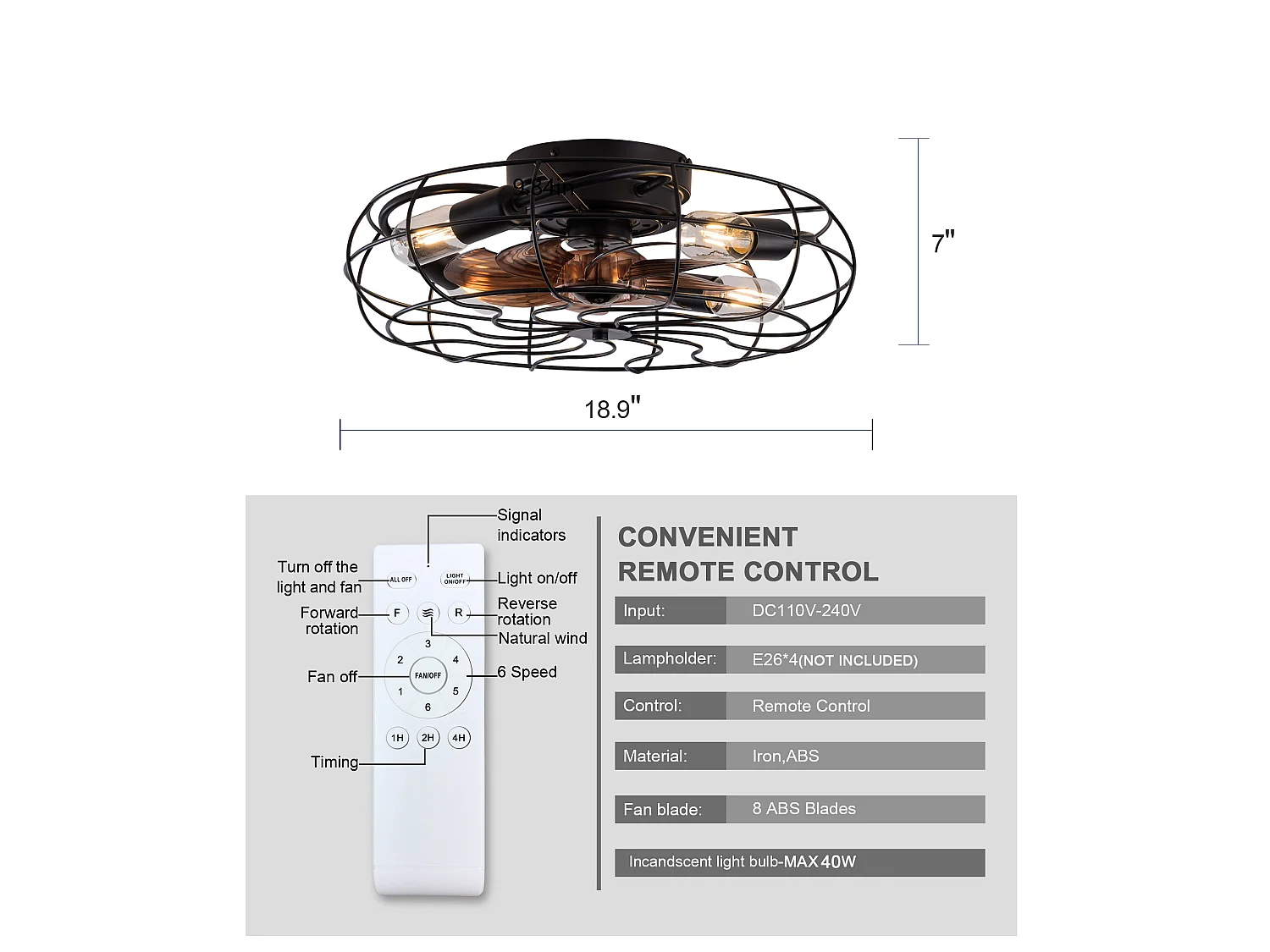 Ventilateur de plafond 48.3 cm avec éclairage, moteur réversible 6 vitesses, noir bois foncé