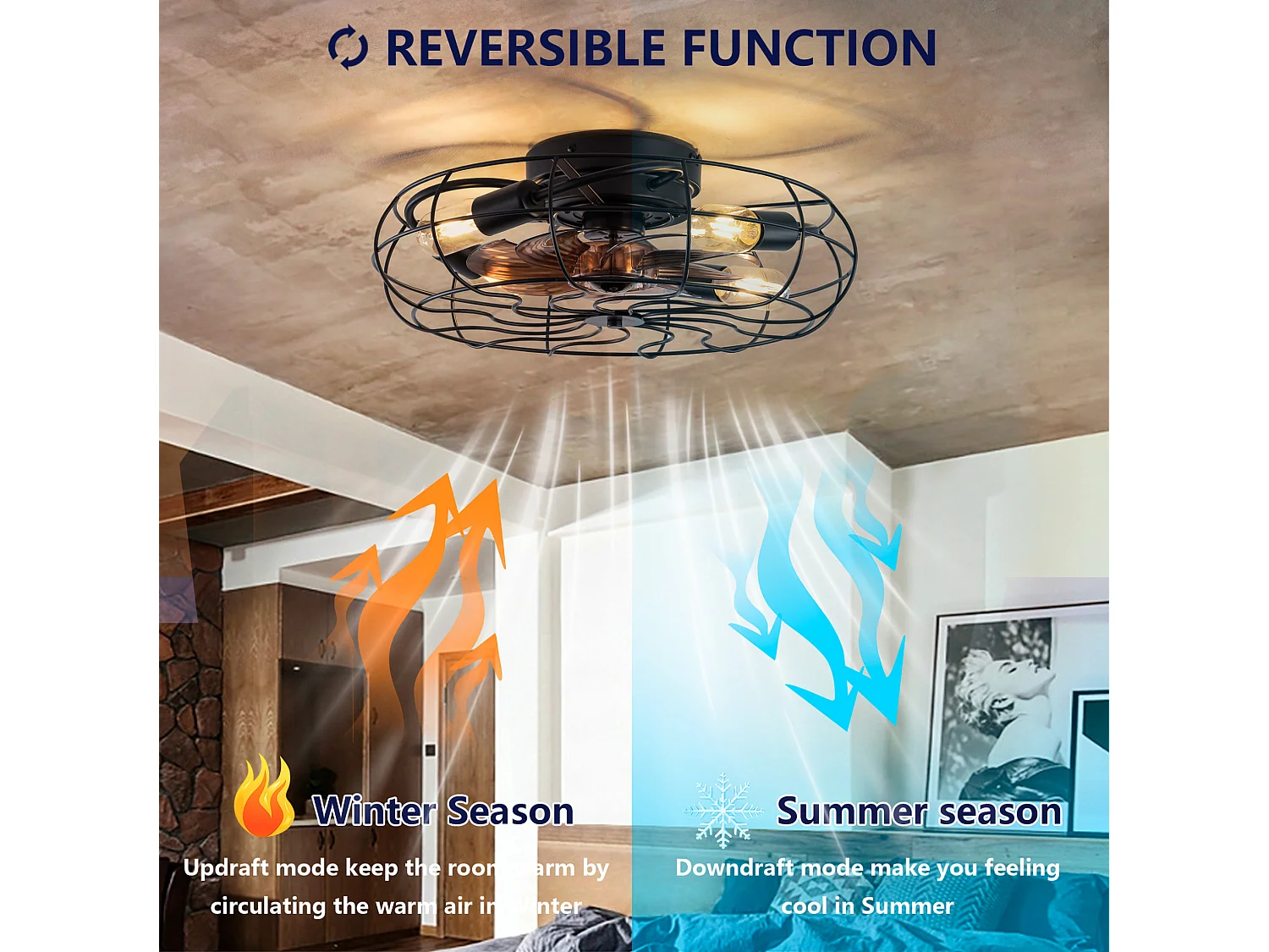 Ventilateur de plafond 48.3 cm avec éclairage, moteur réversible 6 vitesses, noir bois foncé