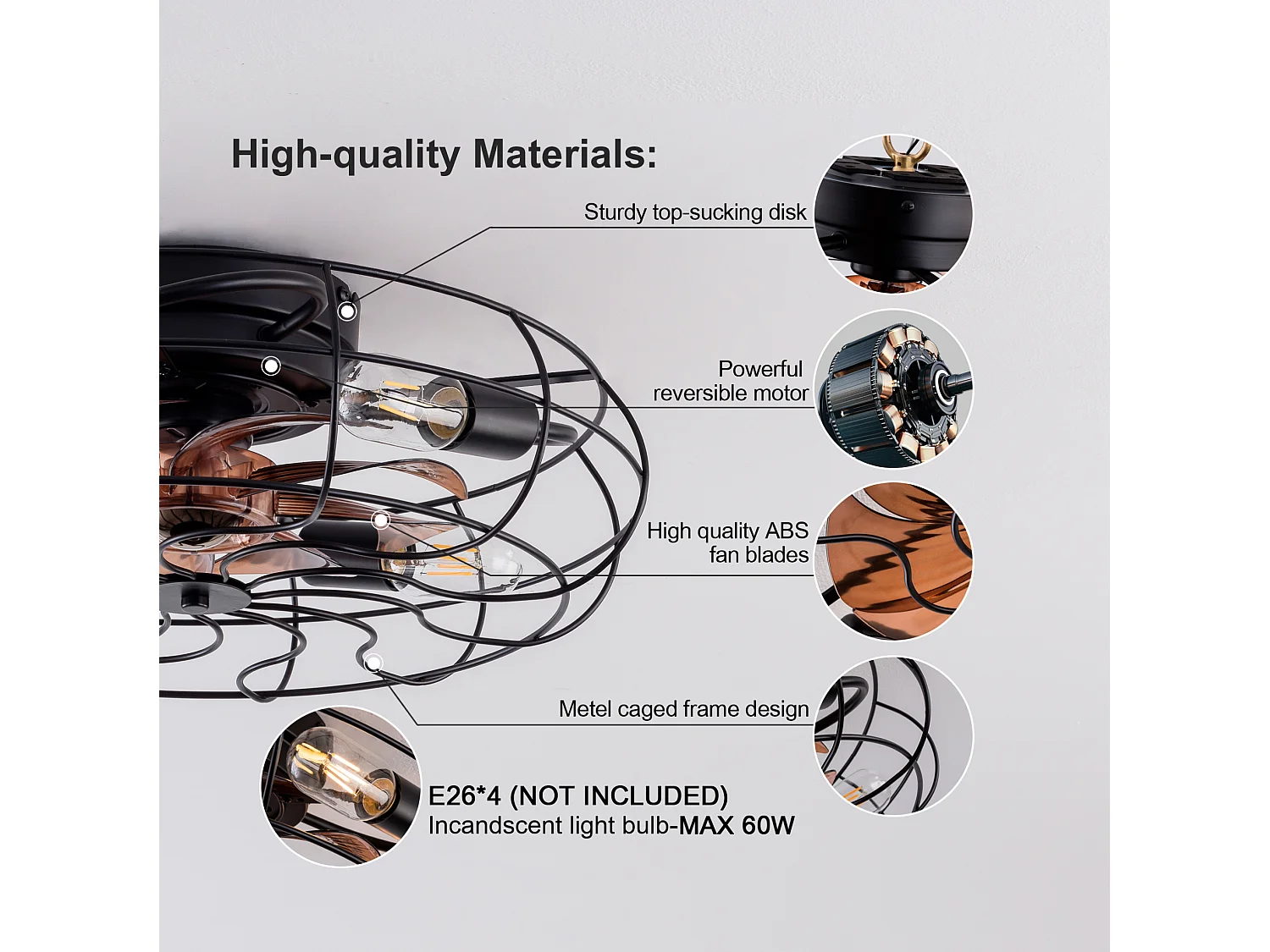 Ventilateur de plafond 48.3 cm avec éclairage, moteur réversible 6 vitesses, noir bois foncé
