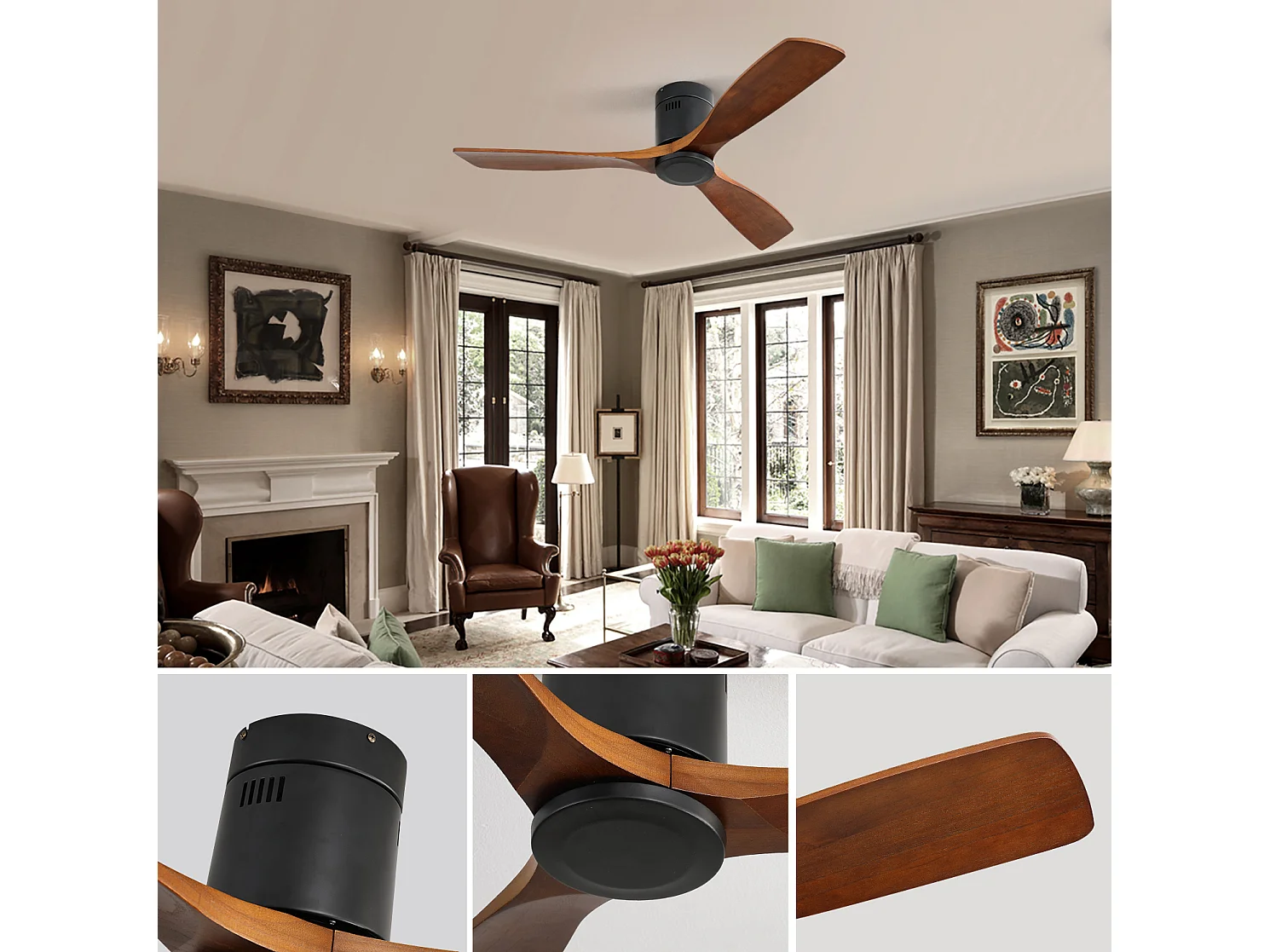 Ventilateur de plafond 132 cm avec moteur réversible sans lumière Bois noir