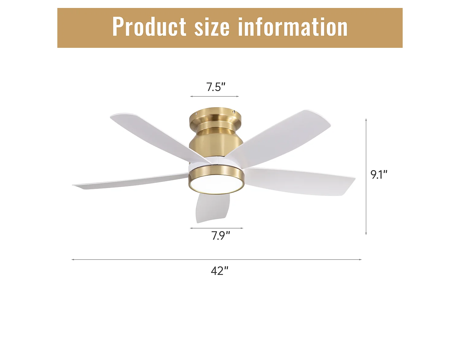 Ventilateur de plafond 106 cm avec éclairage LED, télécommande, moteur réversible ABS blanc et doré