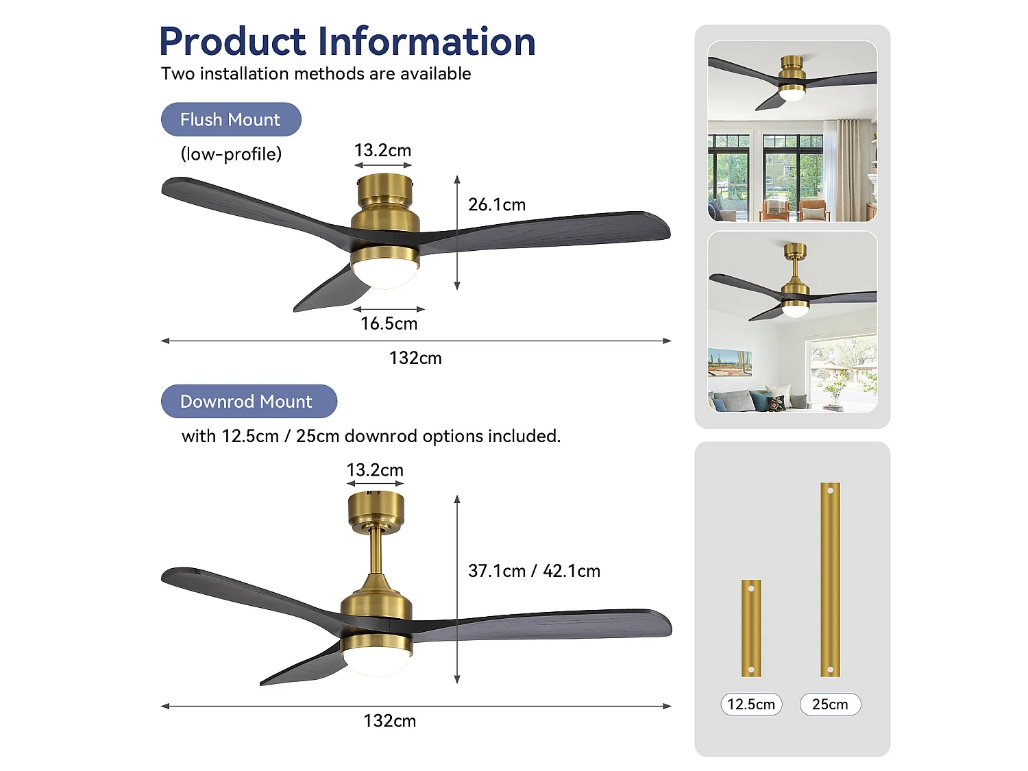 Ventilateur de plafond 132 cm avec LED, télécommande, minuterie et 6 vitesses Bois doré