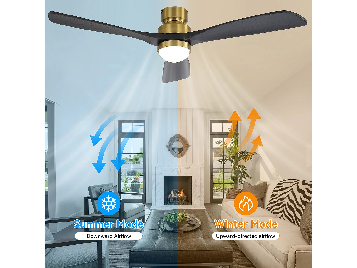 Ventilateur de plafond 132 cm avec LED, télécommande, minuterie et 6 vitesses Bois doré