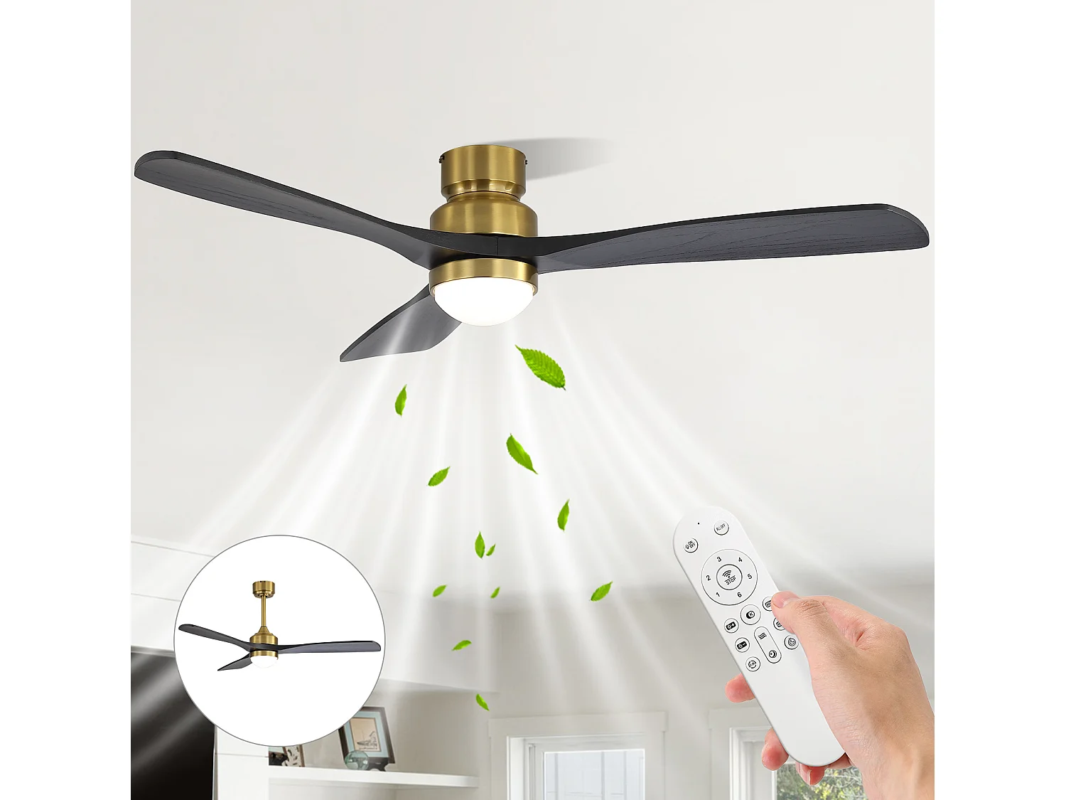 Ventilateur de plafond 132 cm avec LED, télécommande, minuterie et 6 vitesses Bois doré