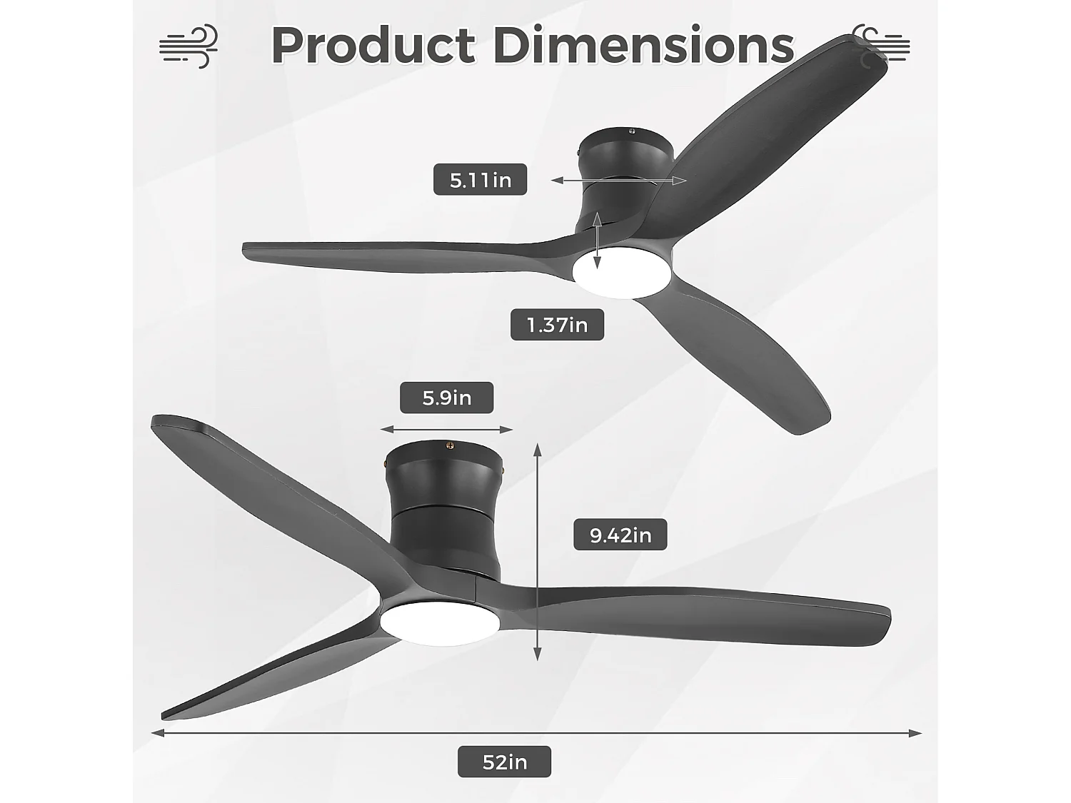 Ventilateur de plafond 132 cm avec lumière LED, télécommande, moteur DC, 3 pales Bois noir mat