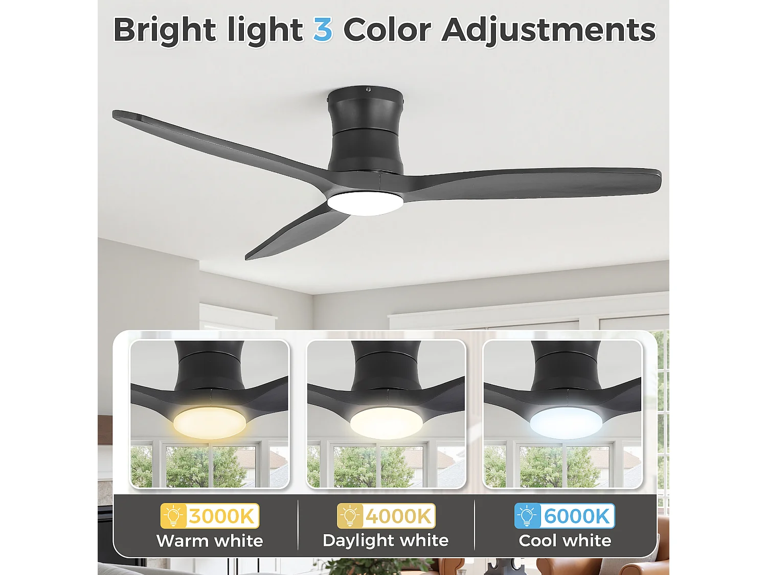 Ventilateur de plafond 132 cm avec lumière LED, télécommande, moteur DC, 3 pales Bois noir mat