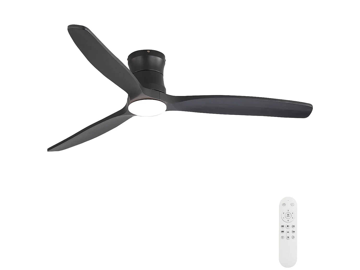 Ventilateur de plafond 132 cm avec lumière LED, télécommande, moteur DC, 3 pales Bois noir mat
