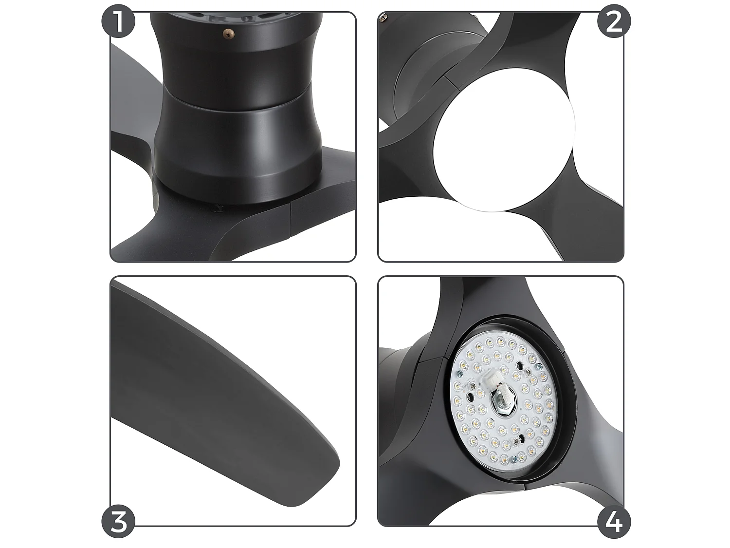 Ventilateur de plafond 132 cm avec lumière LED, télécommande, moteur DC, 3 pales Bois noir mat