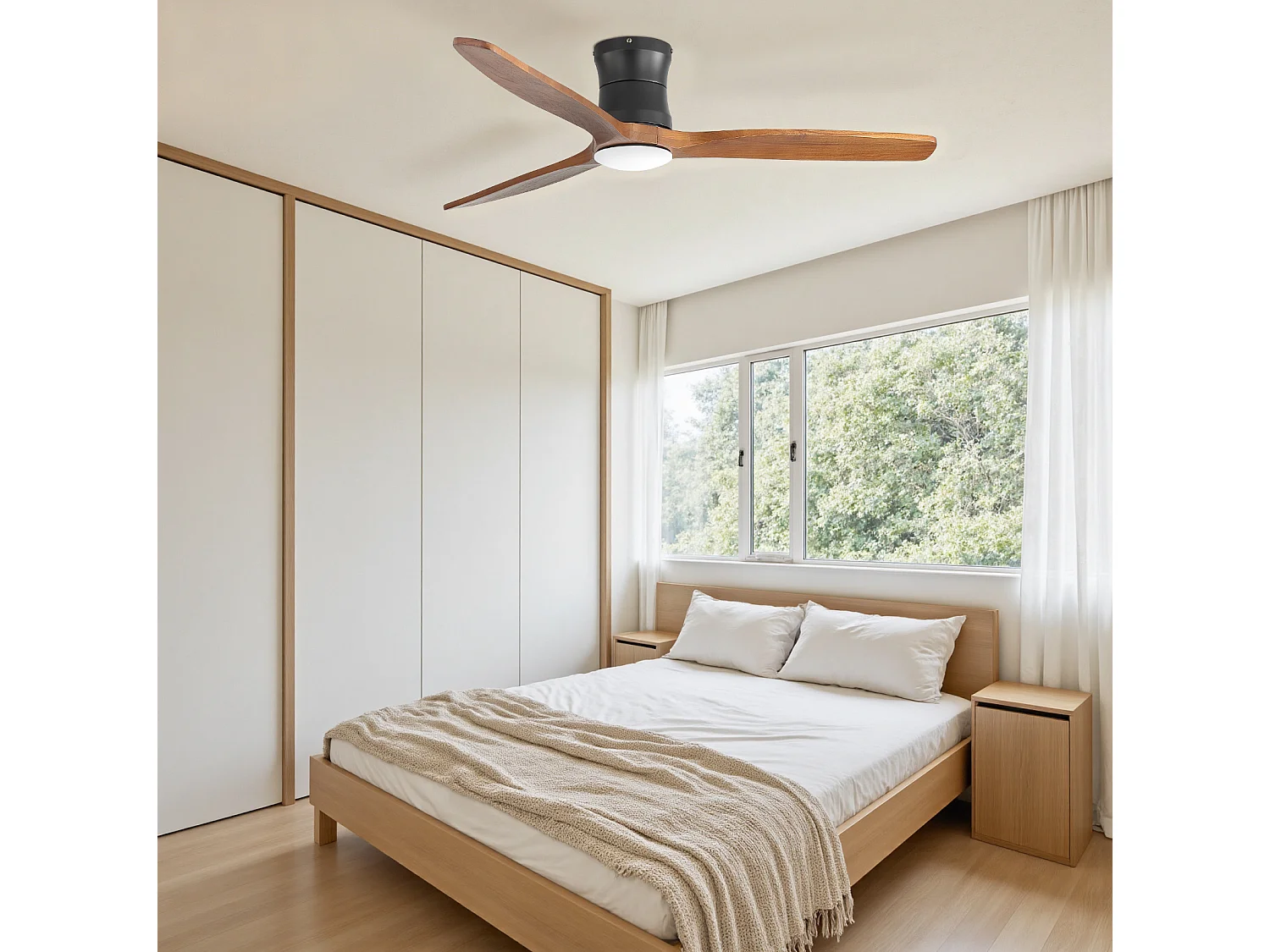 Ventilateur de plafond 132 cm avec éclairage, télécommande, minuterie et 6 vitesses Noir métal bois