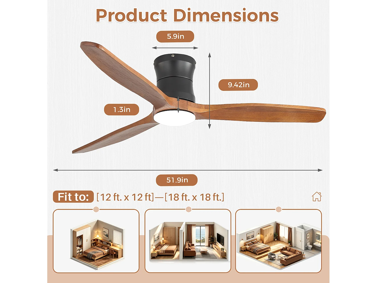 Ventilateur de plafond 132 cm avec éclairage, télécommande, minuterie et 6 vitesses Noir métal bois