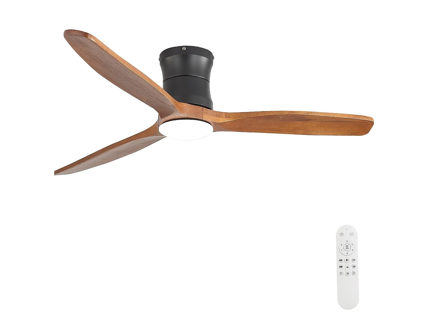 Ventilateur de plafond 132 cm avec éclairage, télécommande, minuterie et 6 vitesses Noir métal bois