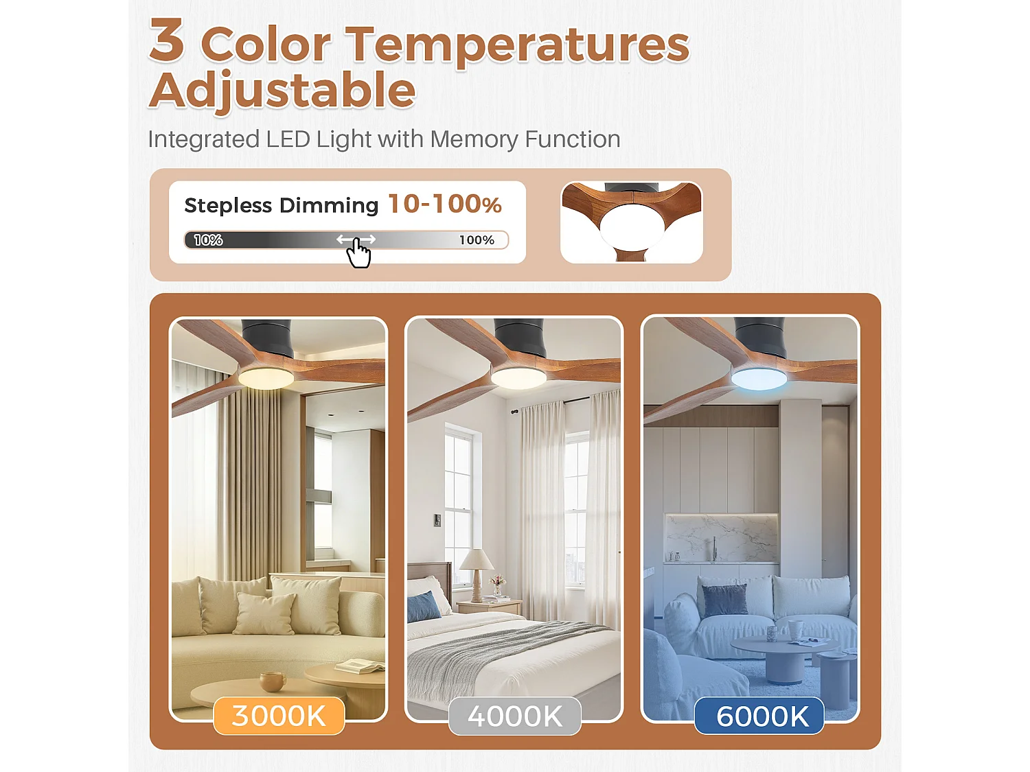 Ventilateur de plafond 132 cm avec éclairage, télécommande, minuterie et 6 vitesses Noir métal bois