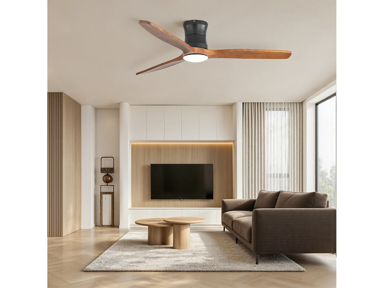 Ventilateur de plafond 132 cm avec éclairage, télécommande, minuterie et 6 vitesses Noir métal bois