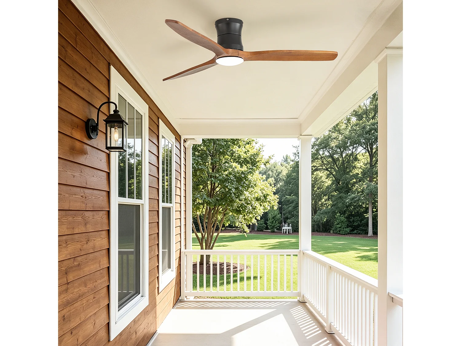 Ventilateur de plafond 132 cm avec éclairage, télécommande, minuterie et 6 vitesses Noir métal bois