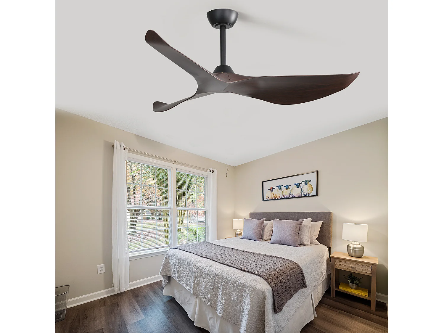 Ventilateur de plafond 96 cm avec moteur DC réversible, 6 vitesses, télécommande, sans éclairage ABS noir