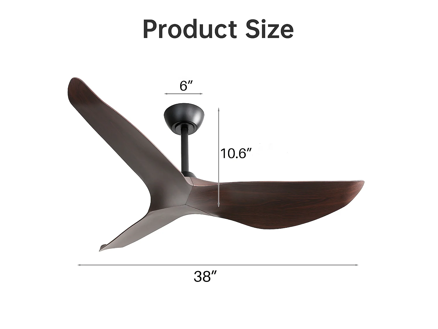 Ventilateur de plafond 96 cm avec moteur DC réversible, 6 vitesses, télécommande, sans éclairage ABS noir