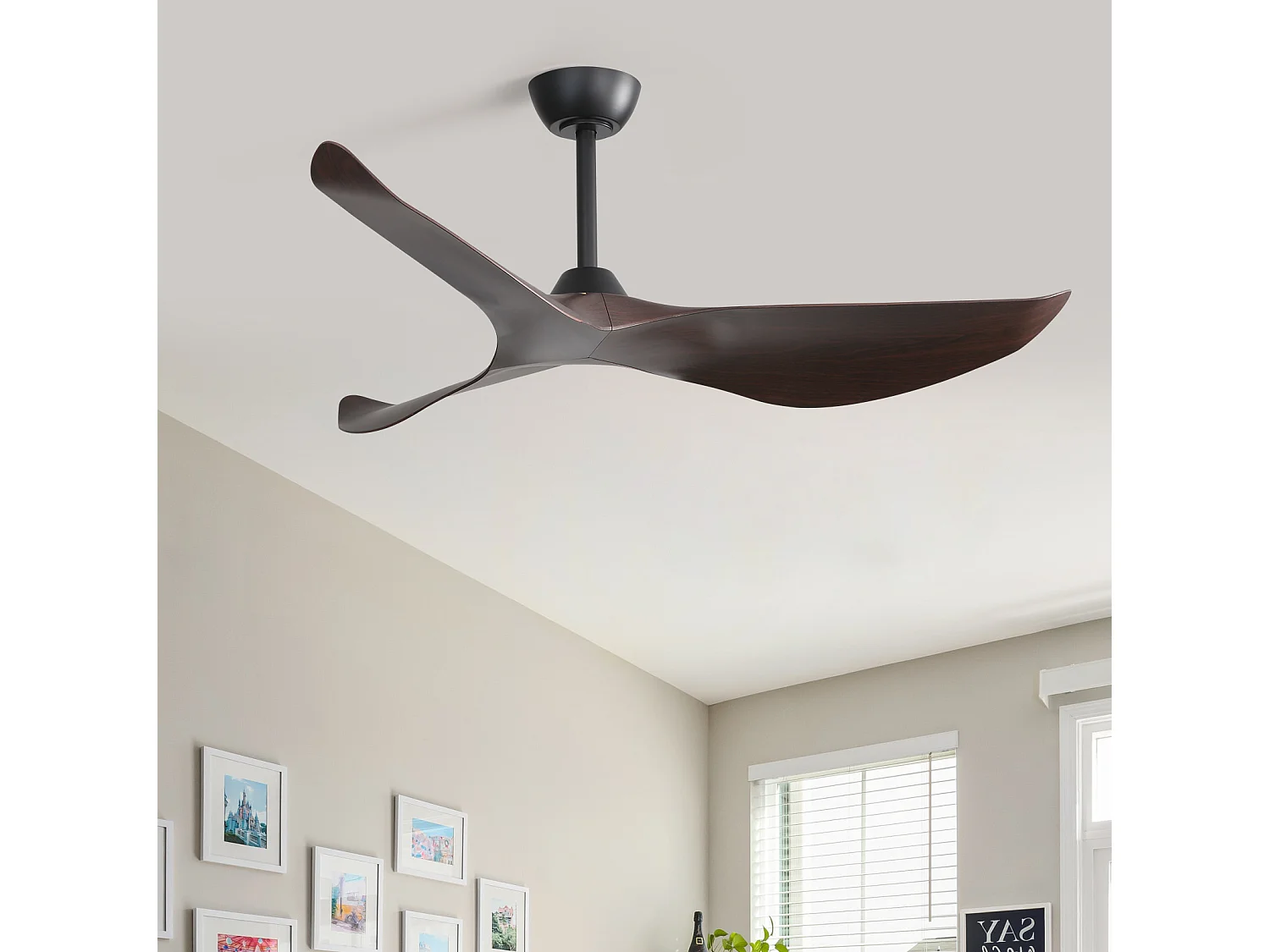 Ventilateur de plafond 96 cm avec moteur DC réversible, 6 vitesses, télécommande, sans éclairage ABS noir