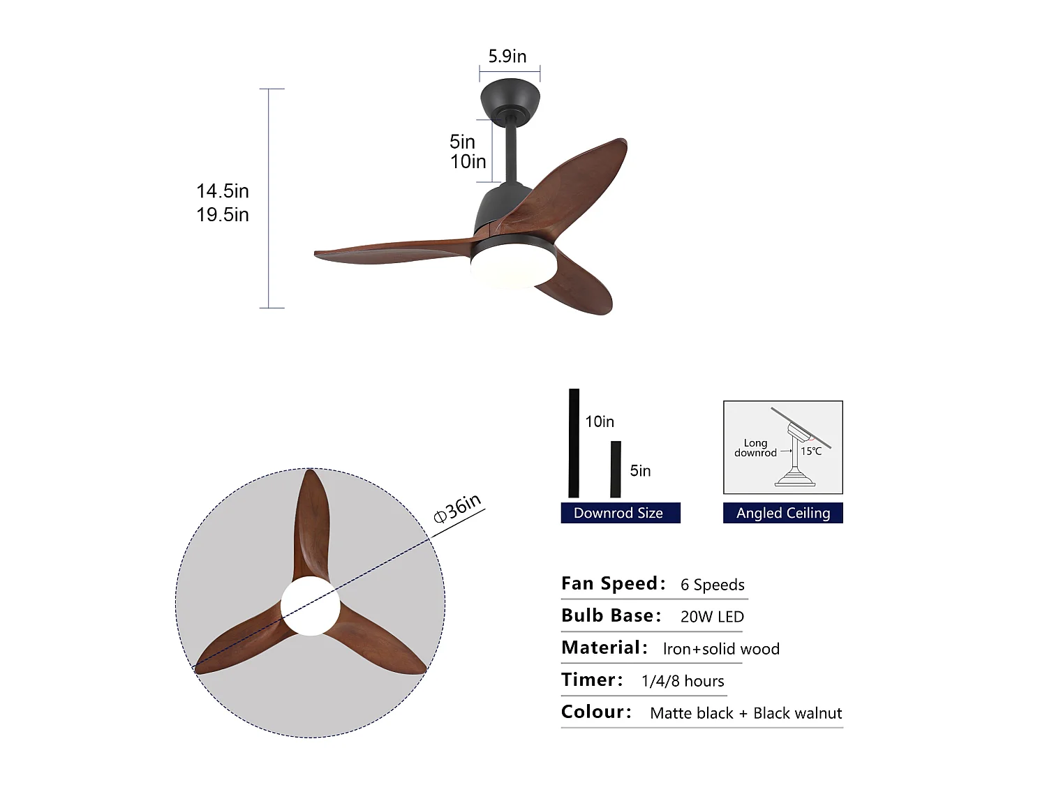 Ventilateur de plafond 91.4 cm avec LED, 3 teintes, moteur DC réversible Bois massif noir et noyer foncé