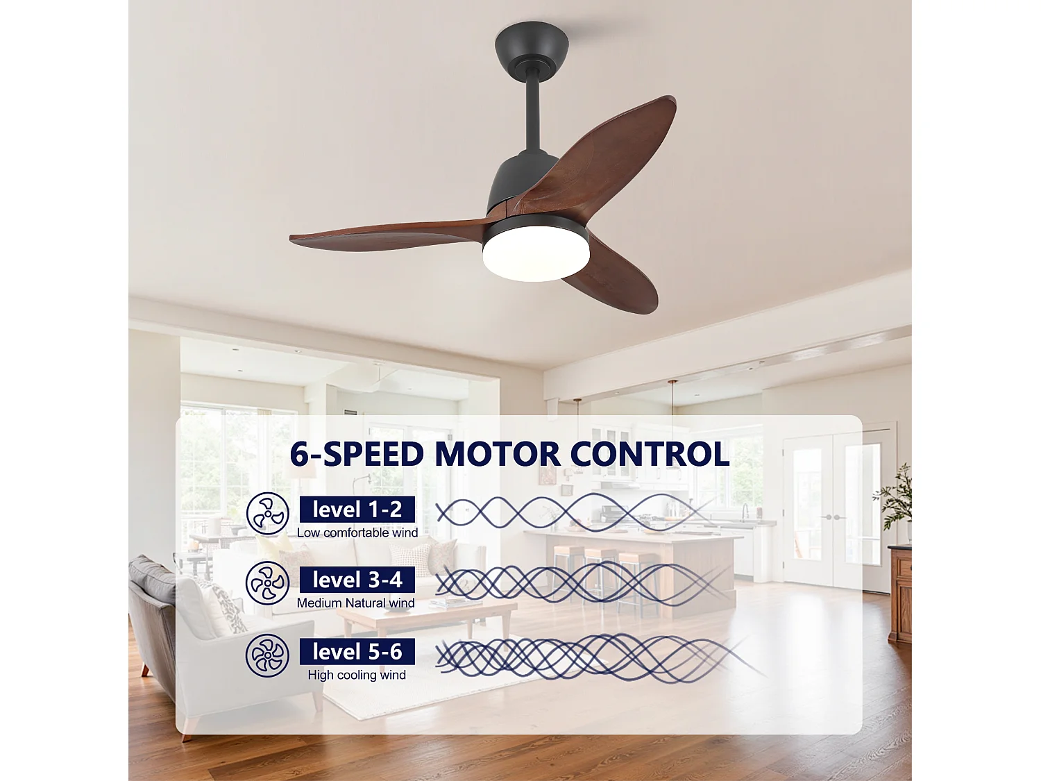 Ventilateur de plafond 91.4 cm avec LED, 3 teintes, moteur DC réversible Bois massif noir et noyer foncé