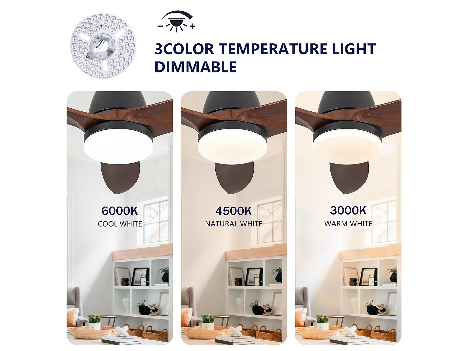 Ventilateur de plafond 91.4 cm avec LED, 3 teintes, moteur DC réversible Bois massif noir et noyer foncé
